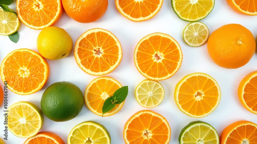 A vibrant arrangement of fresh citrus fruits including oranges, lemons, and limes on a bright background A vibrant arrangement of fresh citrus fruits including oranges, lemons, and limes on a bright background