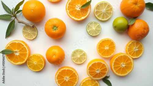 Fresh citrus fruits arranged on a white background showcasing vibrant oranges and lemons in various cuts and whole forms