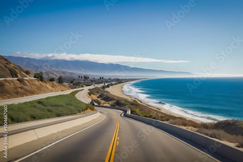 Scenic coastal highway with clear blue skies and pristine beach views, perfect for road trips and summer getaways, showcasing nature’s beauty and inviting travelers to explore