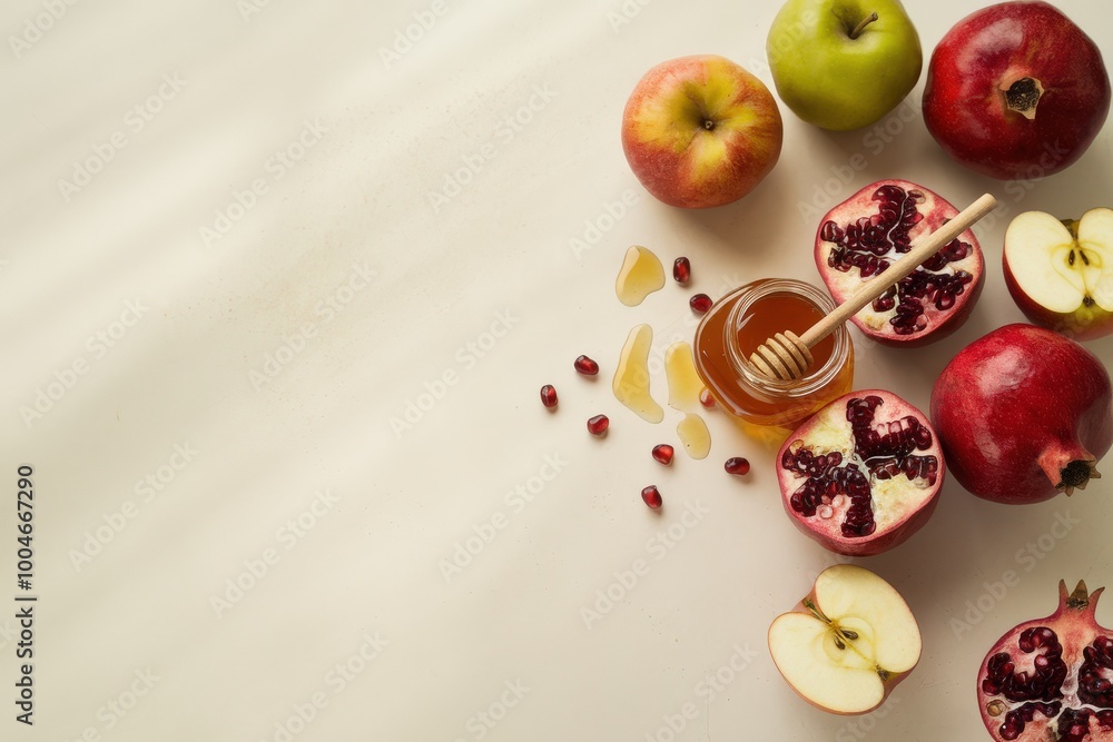 A flat lay of fresh apples, pomegranates, and a jar of honey with a honey dipper. A flat lay of fresh apples, pomegranates, and a jar of honey with a honey dipper.