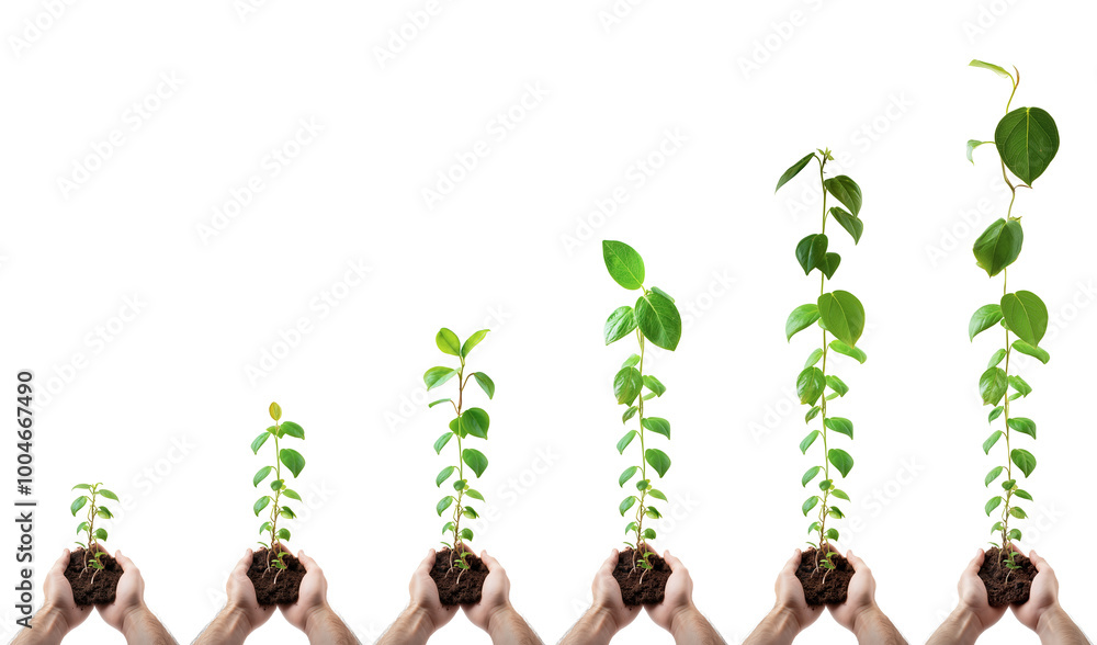 Sequence of growing climbing plants held in cupped hands, representing ...
