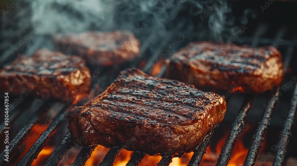 outdoor summer BBQ with juicy T-Bone steaks cooking over a hot charcoal grill with grill marks and smoke rising creating a perfect grilling atmosphere