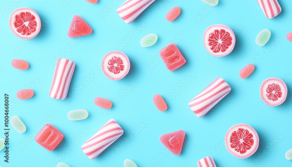 Artistic top-down vector of striped mints and fruit-flavored gummies on a pastel blue background. Artistic top-down vector of striped mints and fruit-flavored gummies on a pastel blue background.