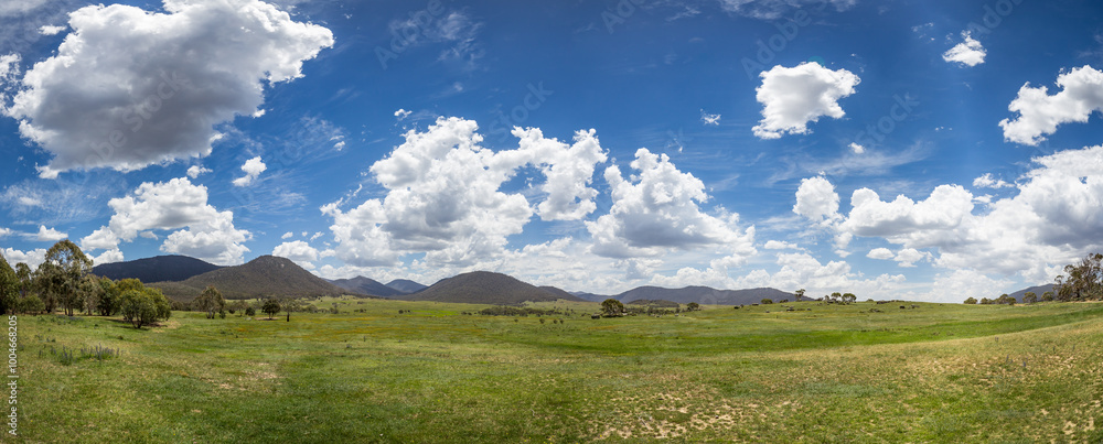 Fototapeta premium Panorama of Bogong Creek, where peaceful meadows stretch across Namadgi National Park. Lush green grass dotted with boulders and trees, all set against distant hills and a cloudy blue sky.