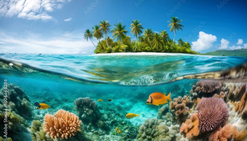 Vibrant Coral Reef Beneath Crystal Clear Ocean Surface Near Tropical Island Paradise Vibrant Coral Reef Beneath Crystal Clear Ocean Surface Near Tropical Island Paradise