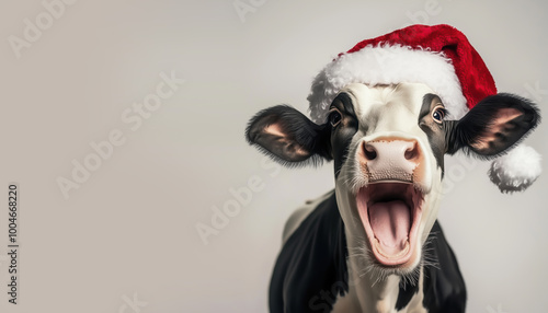 Funny Christmas card of a happy laughing cow wearing Santa Claus hat, isolated on white background with copy space