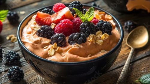 Tropical smoothie bowl topped with fresh berries