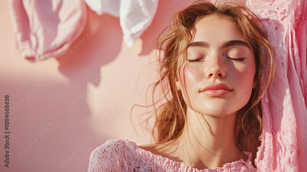 Woman with Closed Eyes Inhaling the Aroma of Fresh Laundry Drying in the Warm Sunlight on a Pink Background Woman with Closed Eyes Inhaling the Aroma of Fresh Laundry Drying in the Warm Sunlight on a Pink Background