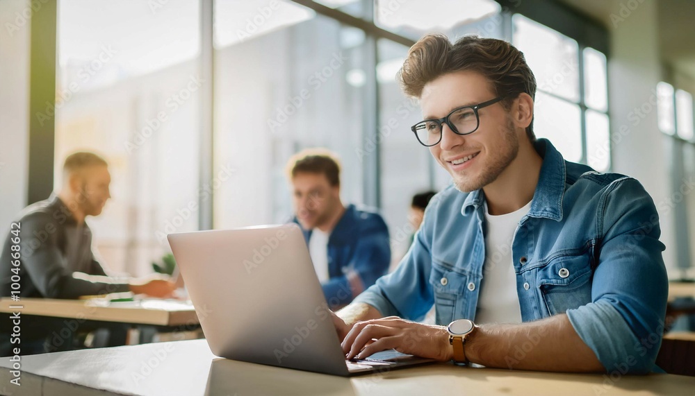 Young Man Working on Laptop in Modern Office Setting During Daytime Young Man Working on Laptop in Modern Office Setting During Daytime