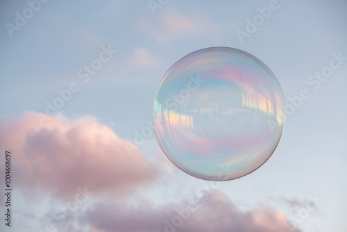 A large, iridescent soap bubble floats against a pastel-colored sky with soft clouds.