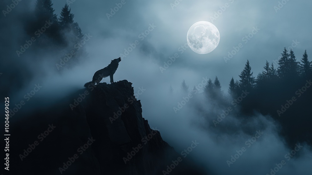 Fototapeta premium A majestic wolf stands atop a rocky cliff, howling at the glowing full moon. Surrounding mist and dense trees create a serene atmosphere on a quiet night