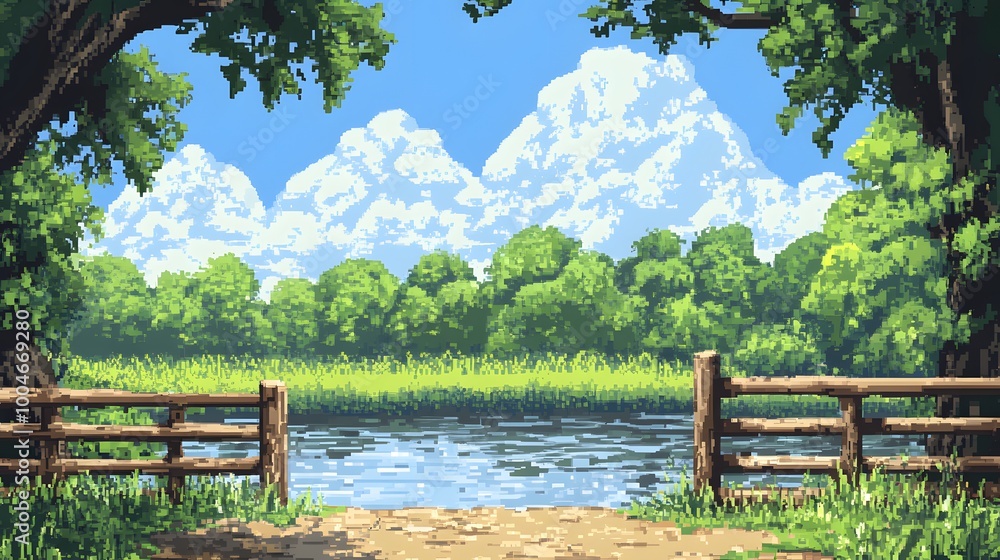 lake in the forest pixel art game background.generative ai lake in the forest pixel art game background.generative ai