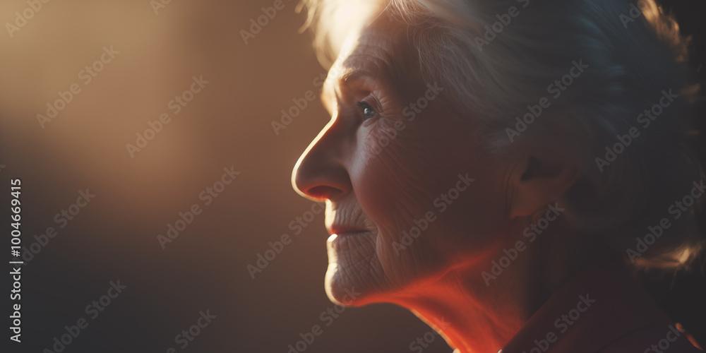 Elderly woman in profile softly lit by warm tones, evoking a sense of calm reflection and graceful aging in a serene setting Elderly woman in profile softly lit by warm tones, evoking a sense of calm reflection and graceful aging in a serene setting