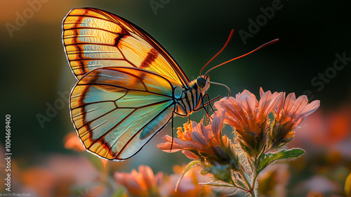 Close-Up of Butterfly with Iridescent Wings Perched on Delicate Flower