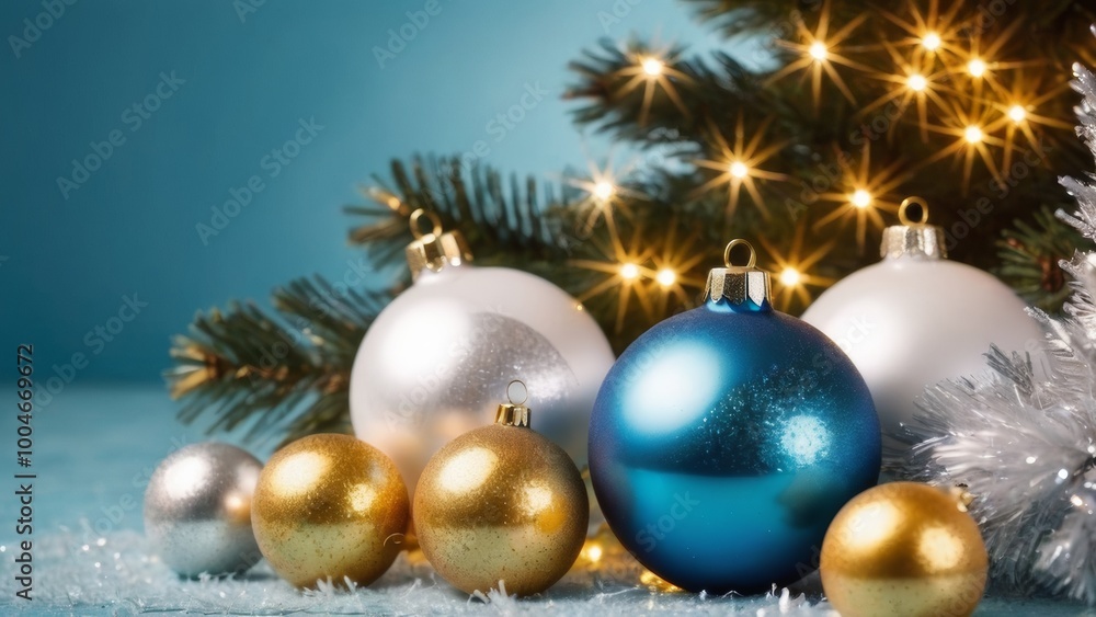 A sparkling Christmas tree on a light blue background with tinsel and lots of silver and white Christmas balls and a place for text.