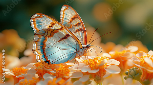 Close-Up of Butterfly with Iridescent Wings Perched on Delicate Flower