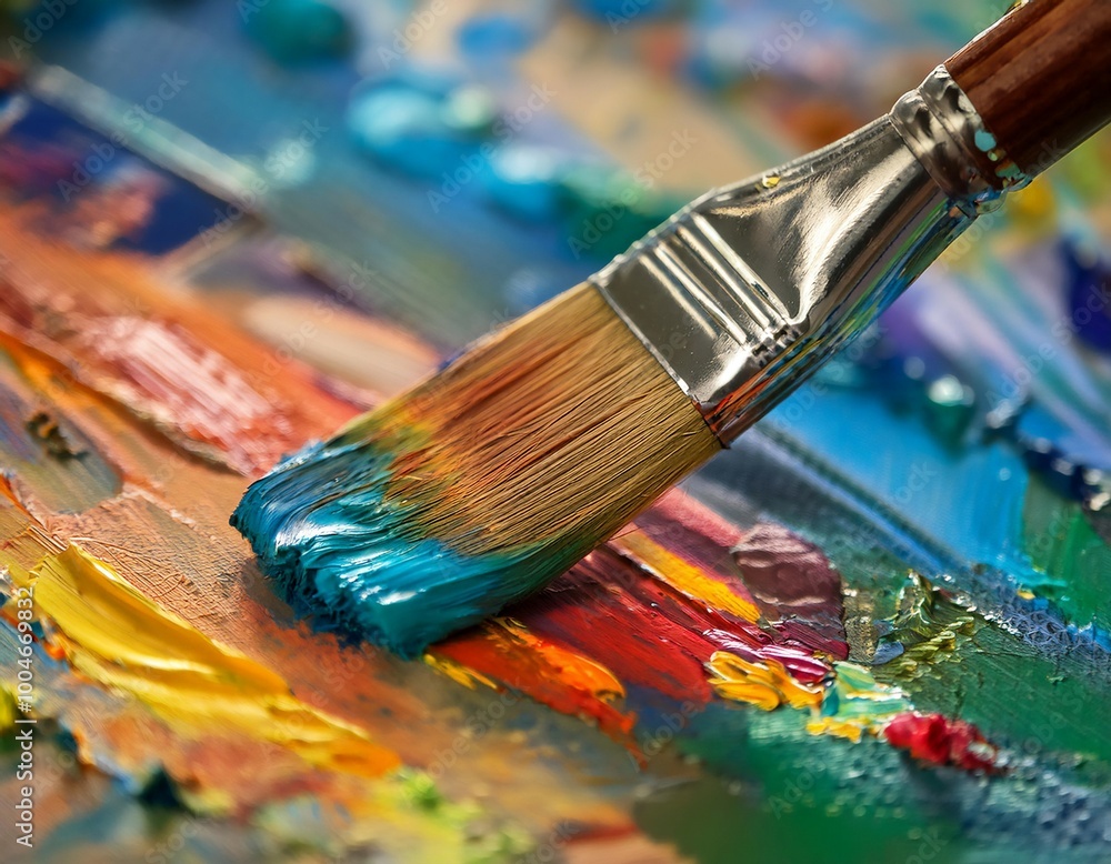 Fototapeta premium Paintbrush applying color to a canvas, representing artistry, creativity, and painting techniques.