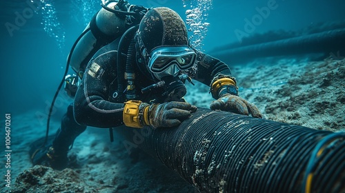 Wallpaper Mural diver in ocean waters inspecting a submarine fiber-optic cable for repairs ensuring the global communication network stays intact with underwater technology maintenance Torontodigital.ca