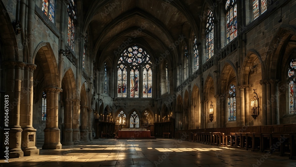 Grand Gothic abbey with weathered stone walls and stained glass. Grand Gothic abbey with weathered stone walls and stained glass.