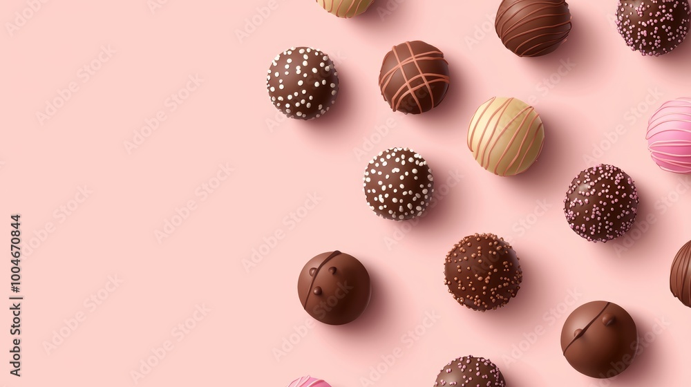 Flat vector design of chocolate truffles and bonbons placed evenly on a pastel peach background. Flat vector design of chocolate truffles and bonbons placed evenly on a pastel peach background.