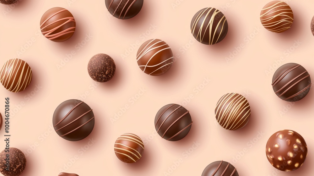 Flat vector design of chocolate truffles and bonbons placed evenly on a pastel peach background. Flat vector design of chocolate truffles and bonbons placed evenly on a pastel peach background.