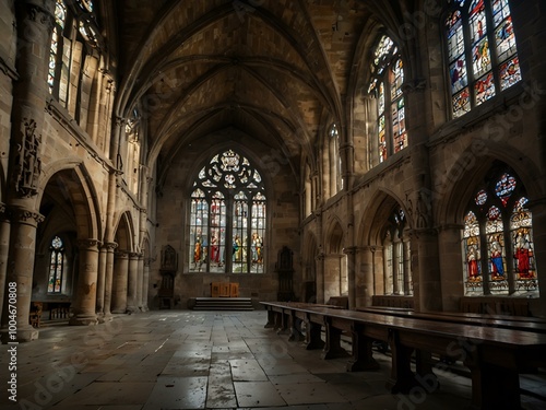 Grand Gothic abbey with weathered stone walls and stained glass.