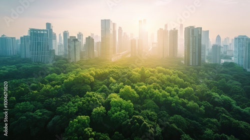 City skyline with green forest, modern architecture skyscrapers and urban landscape at sunrise