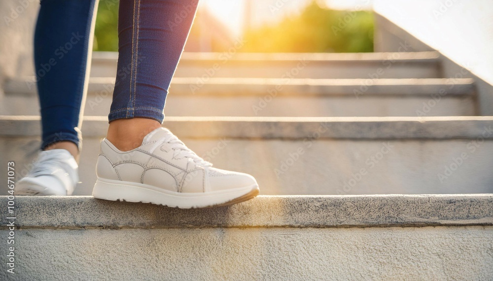Person taking a step on a staircase, symbolizing progress, movement, and action. Person taking a step on a staircase, symbolizing progress, movement, and action.