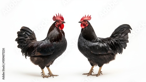 "Elegant Duo: Black Hen and Cockerel Stand Out Against a White Canvas"