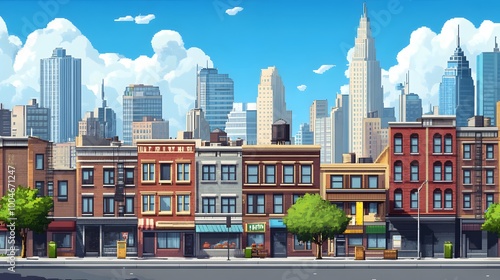 cartoon pixel art cityscape game background.generative ai