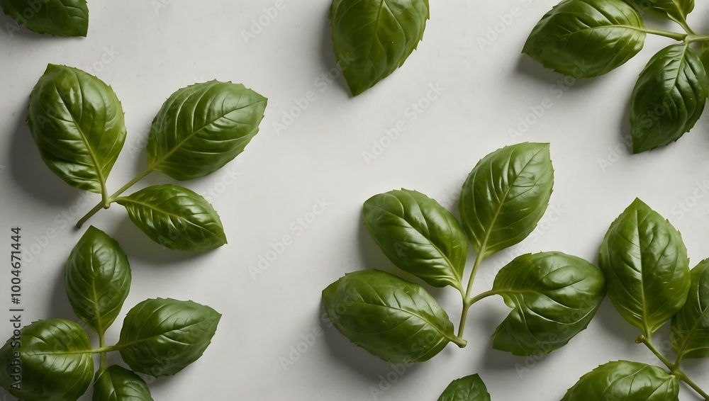 Green basil leaves arranged on a white background. Green basil leaves arranged on a white background.