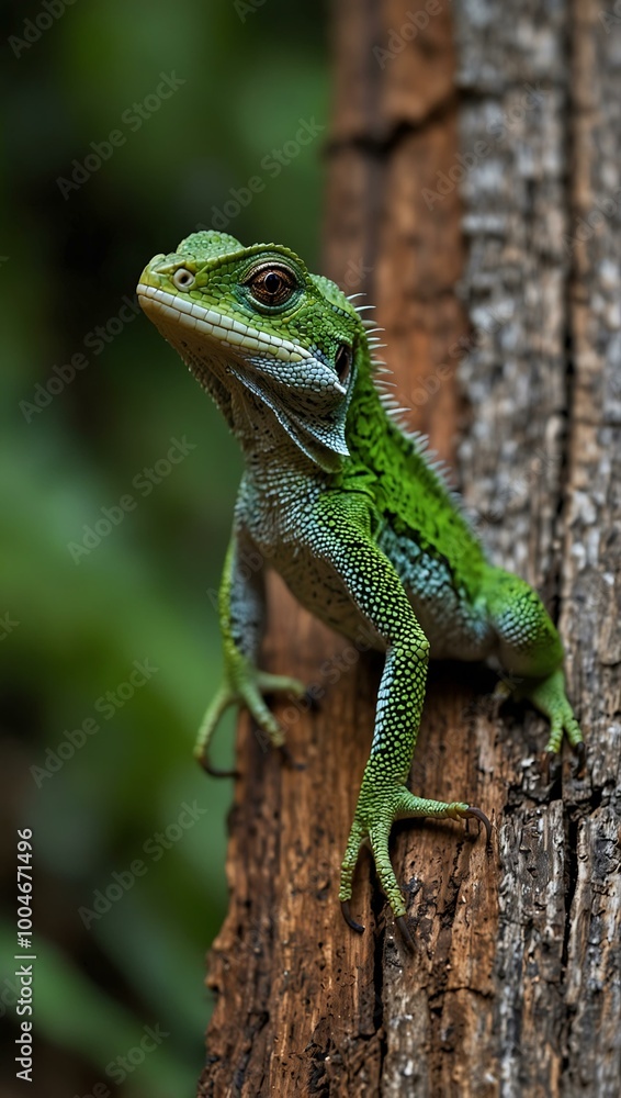 Green crested lizard along a plank walk in Niah National Park. Green crested lizard along a plank walk in Niah National Park.