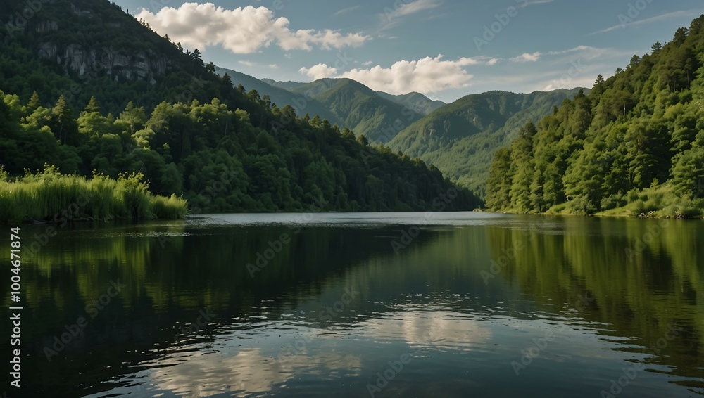 Green mountain lake framed by lush hills and greenery. Green mountain lake framed by lush hills and greenery.
