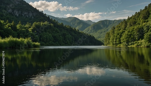 Green mountain lake framed by lush hills and greenery.