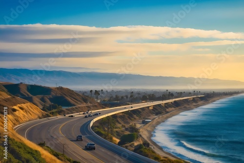 Scenic coastal highway with clear blue skies and pristine beach views, perfect for road trips and summer getaways, showcasing nature’s beauty and inviting travelers to explore