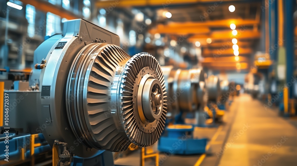 Turbine engine components displayed in a well-lit industrial manufacturing facility during daytime operations