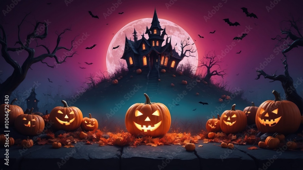 Fototapeta premium Beautiful halloween landscape with scary house and gradient sky