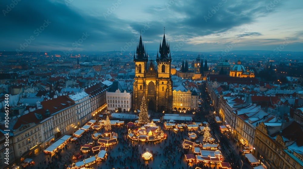 Fototapeta premium Prague's Old Town Square adorned with festive lights and a Christmas market during twilight in winter