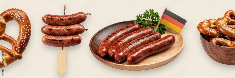 Traditional German sausages and pretzels with a small German flag in a wooden plate. Traditional German sausages and pretzels with a small German flag in a wooden plate.