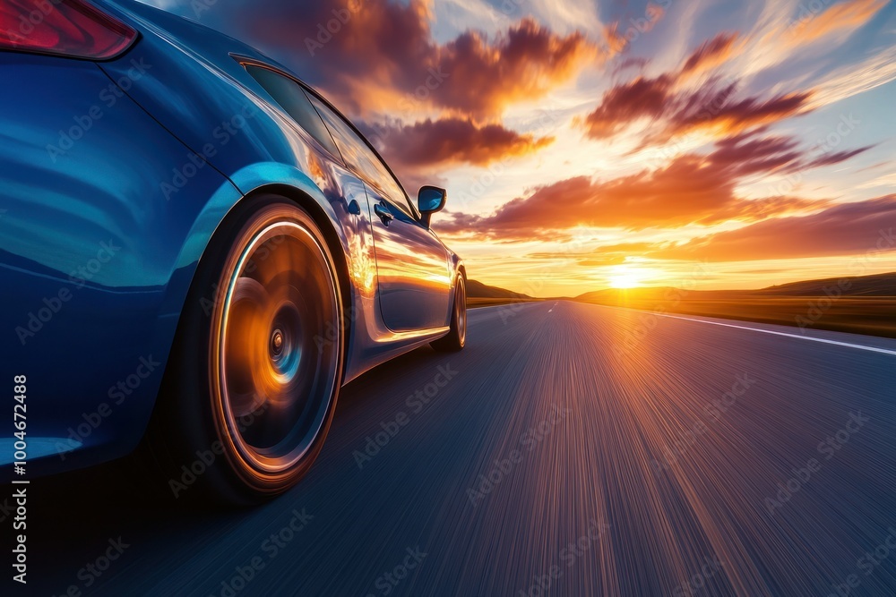 Fototapeta premium Dynamic Blue Car Speeds Along Open Road at Sunset
