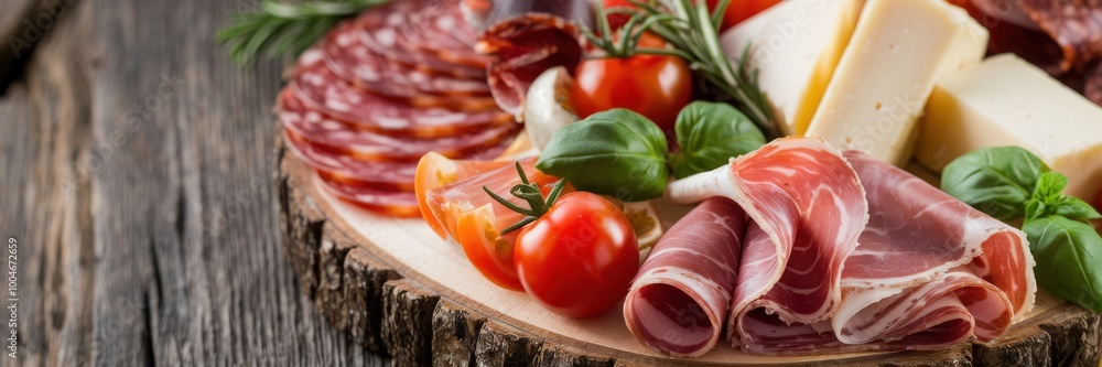 Delicious assortment of meats, cheese, and vegetables on a rustic wooden board. Delicious assortment of meats, cheese, and vegetables on a rustic wooden board.