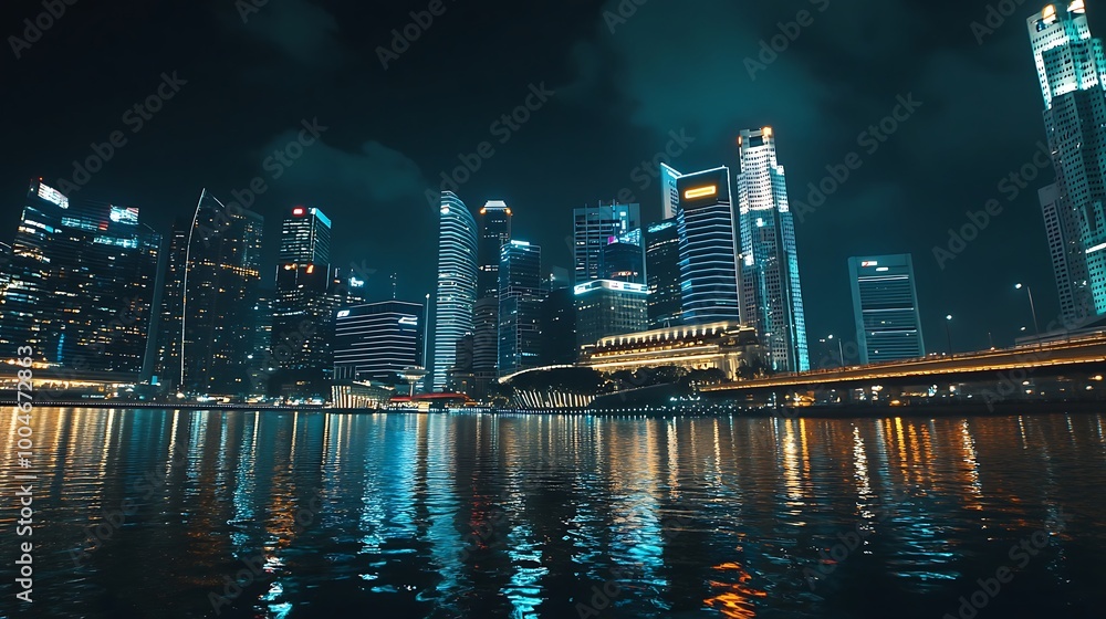 Naklejka premium Vibrant singapore night view showcasing cityscape beauty picture