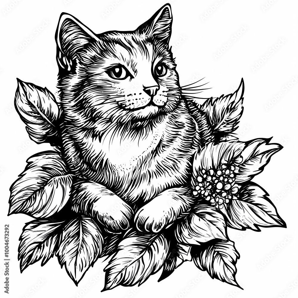 Fototapeta premium A black and white coloring book with an illustration of a cat, creating a platform for children's creativity. Promotes the development of creativity and perseverance.