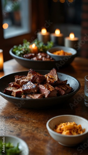 Grilled meat pieces neatly arranged under warm lights emit a succulent aroma, creating a cozy ambiance.