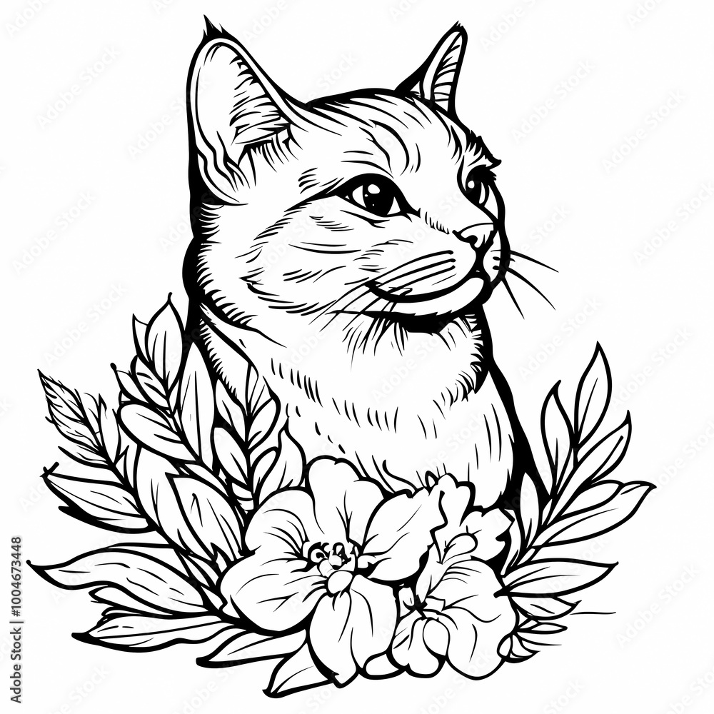 Fototapeta premium A black and white coloring book with an illustration of a cat, creating a platform for children's creativity. Promotes the development of creativity and perseverance.