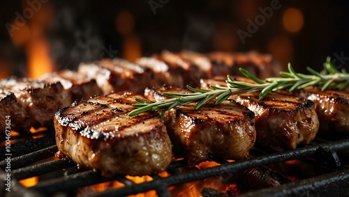 Grilled meats on a barbecue under warm lights, releasing succulent aromas with fresh rosemary. photo