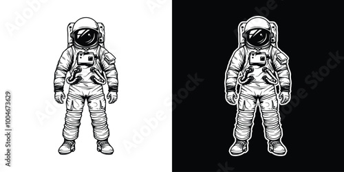 Vintage engraving style astronaut cosmic character in helmet and suit decoration