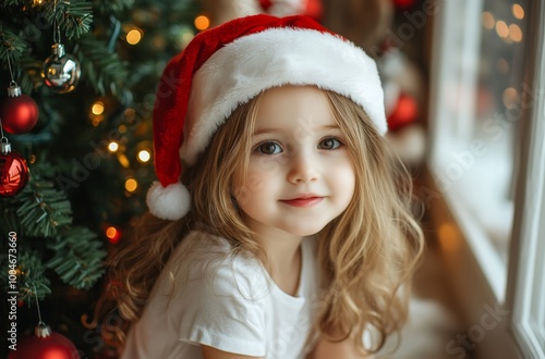 A cheerful child with long hair in a Santa hat joyfully sits by a beautifully decorated Christmas tree adorned with lights and ornaments