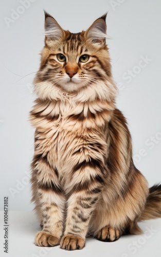 Regal Maine Coon cat with a luxurious coat and striking tabby pattern.