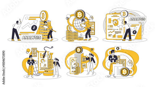 Cryptocurrency vector illustration. Digital, fabric, weaves tapestry financial possibilities as cryptocurrency threads needle innovation. Bitcoin, blockchain and cryptocurrency concepts